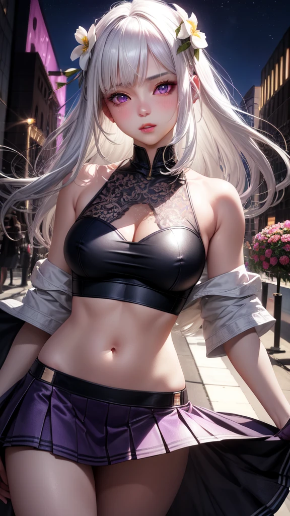 realistic, 1girl, white hair, purple eyes, glowing eyes, crop top, skirt, parted lips, blush, night, flowers, sun, sunlight,
