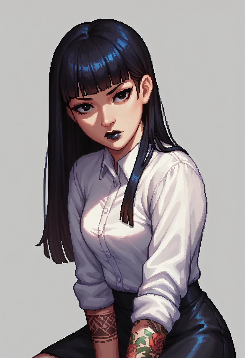 score_9, score_8_up, score_7_up, 1girl, detailed pixel art, detailed background, Asian, white shirt, black skirt, rolled up sleeves, sunny, lovely, hime cut hair, scowl, black lips, black eyes, tattoos