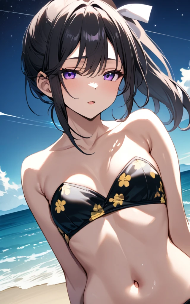 (masterpiece)、(absurdres)、(ultra detailed)、BREAK,gradation effect::1.2、(solo adult lady)、BREAK,shiny black hair、shiny purple eyes、short highponytail、from front,1white ribbon:1.small breast:0.8、closeup head shot,dynamic angle、half-closed eyes,Resort beach background、BREAK,Yellow floral print strapless bikini:1.3、BREAK,Night starry sky:2,Moonlit Night、shooting star、Hide your hands behind your back、