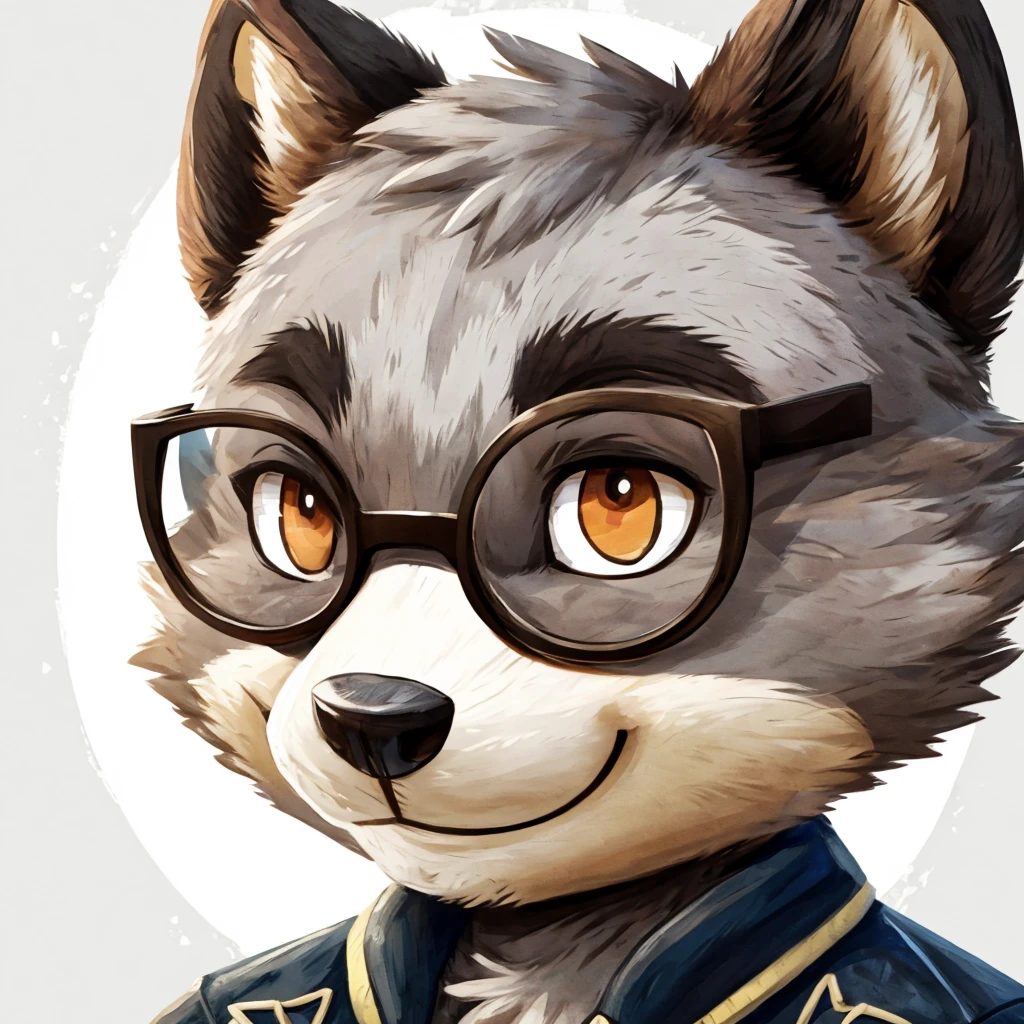 close-up of a grey fur anthropomorphic raccoon, closed smile, he has a round type of glasses, a black with white laces jacket, high quality furry art, animal crossing style, high quality fursona ref.