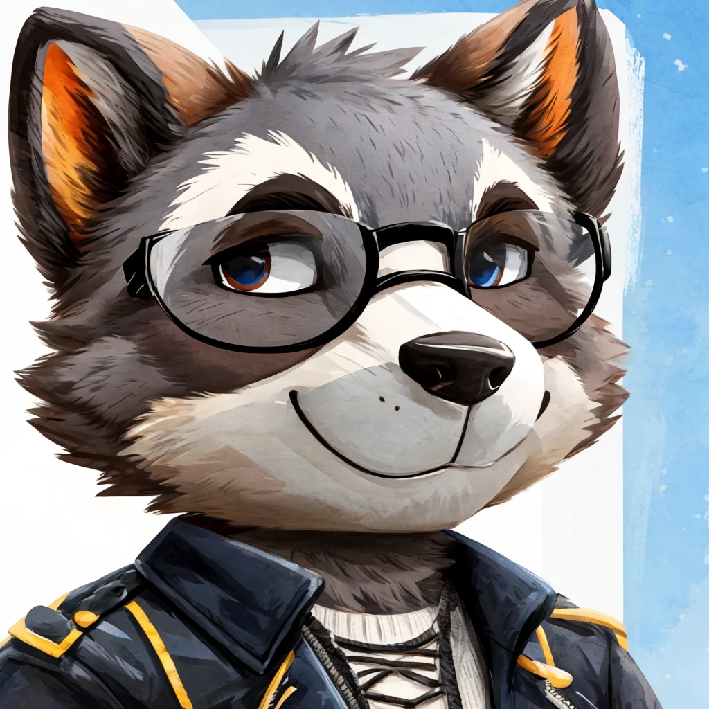 close-up of a grey fur anthropomorphic raccoon, closed smile, he has a round type of glasses, a black with white laces jacket, high quality furry art, animal crossing style, high quality fursona ref.