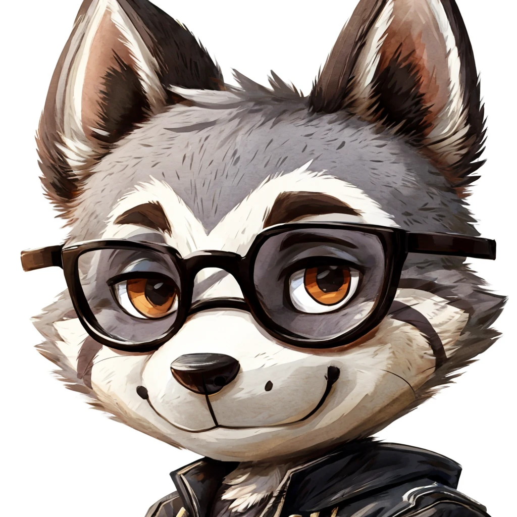 close-up of a grey fur anthropomorphic raccoon, closed smile, he has a round type of glasses, a black with white laces jacket, high quality furry art, animal crossing style, high quality fursona ref.