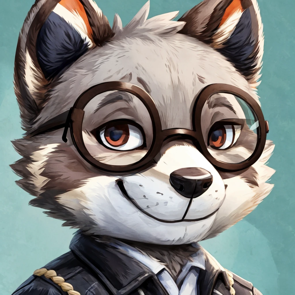 close-up of a grey fur anthropomorphic raccoon, closed smile, he has a round type of glasses, a black with white laces jacket, high quality furry art, animal crossing style, high quality fursona ref.