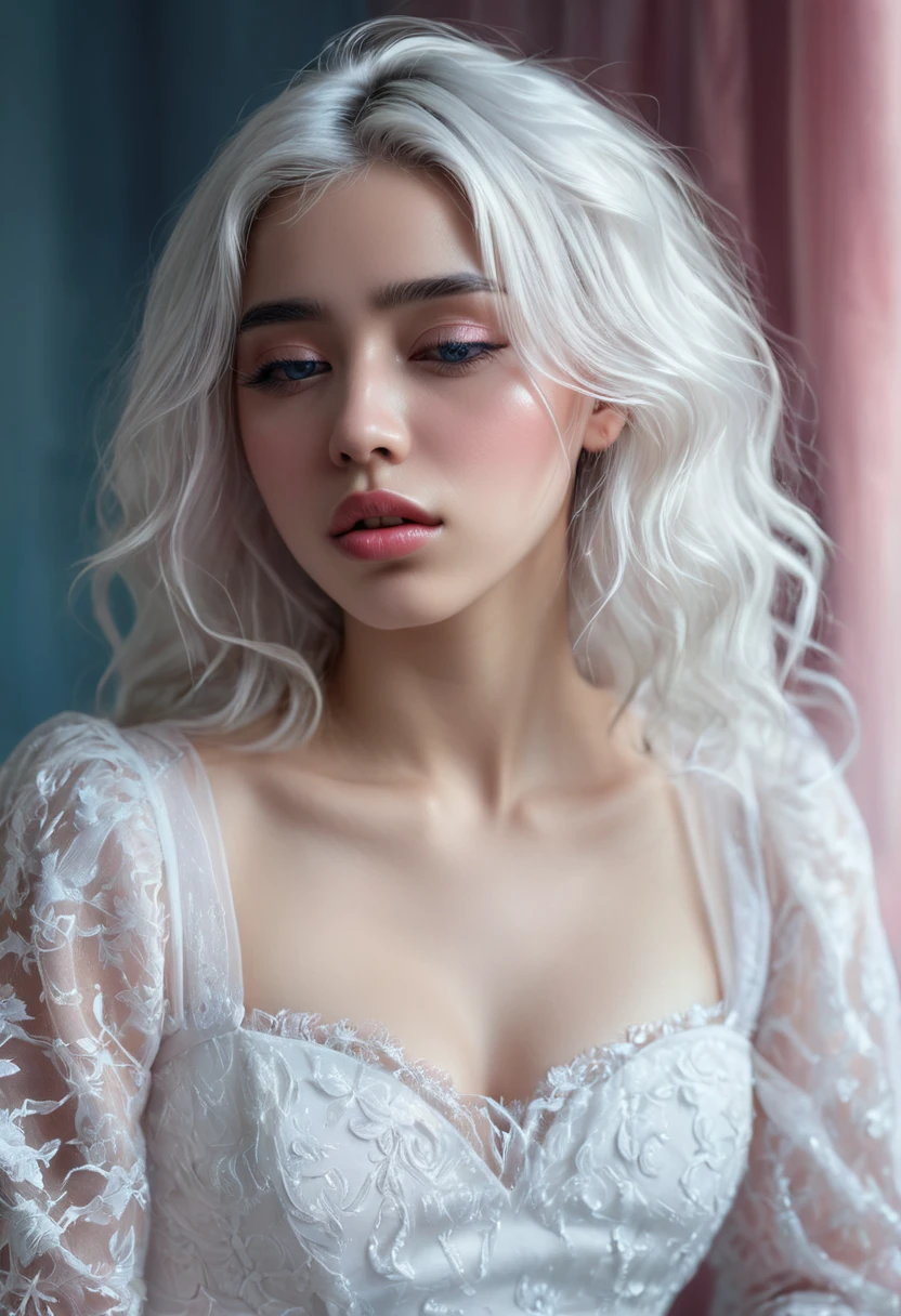 crying expression ,comely (((darkskin:1.2))) androgen:1.3, ((darkskin:1.2)), (((White hair))), ethereal darkskin beauty,blue piercing eyes,long flowing White hair,darkskin complexion,soft pink lips,sensual behavior,seducing gaze,graceful pose,subtle makeup,pure white dress,Delicate features,striking contrast with the environment,soft natural light,subtle shadows,ethereal atmosphere,swirly vibrant colors,dream scenario,romantic atmosphere,artistic portrait,highly detailed rendering,Photorealistic quality.