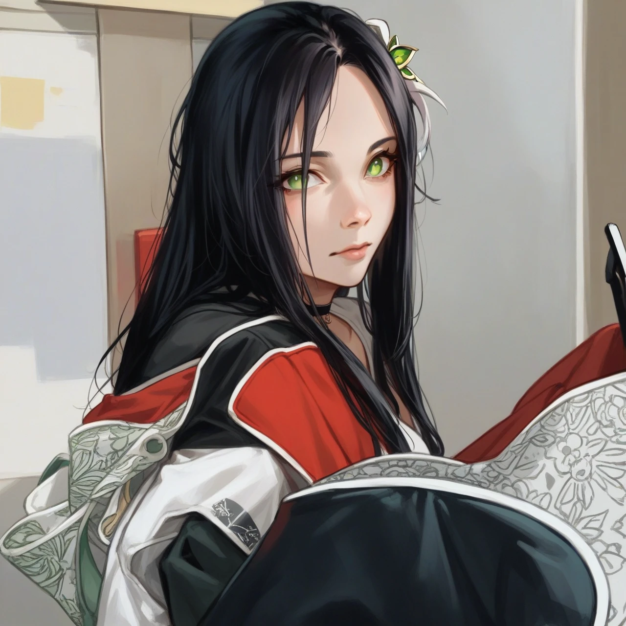 Masterpiece , Best Quality,Nahida(genshino impact), 1 girl , White shirt:1.5 ,Side ponytail ,by white ,multicolor fur, green eyes,casual outfit , has , black choker, if , green fur,busy street , life in the city 