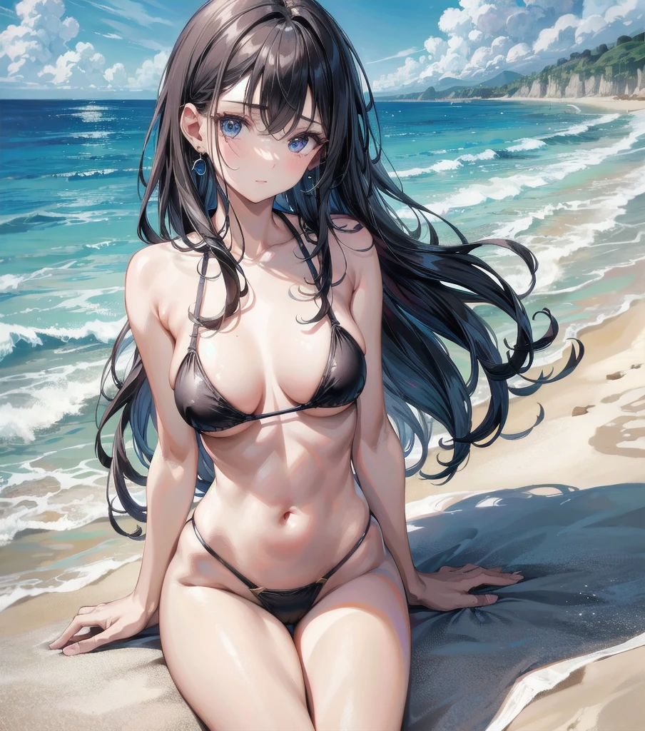 absurdres, RAW photo, extremely delicate and beautiful, masterpiece, Best Quality, ultra high resolution, 32k, hyperrealistic, ultra-detailed, ((perfect anatomy)), super Detailed skin, perfect figure, Very detailed CG 8k wallpaper, in her 20s, very small head, very small face, delicate facial features, tearful mole, earring, huge breasts, whole body shot, middle hair, wavy hair, bikini, outdoor, beach,