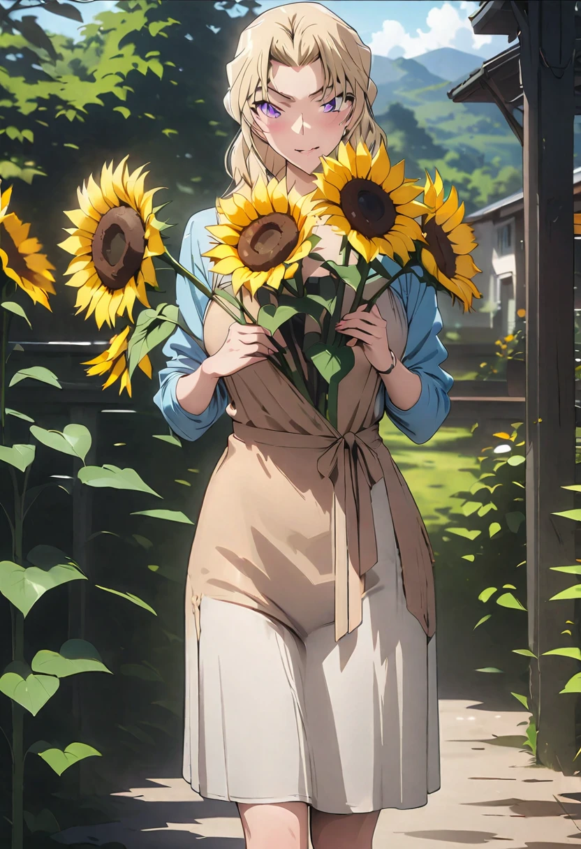 (masterpiece, best quality:1.5),((Extremely detailed)),high resolution,Anime style,(Beautiful blonde woman,full body, holding sunflowers, outdoor scenes, casual costumes, natural beauty, perfect figure:1.3)