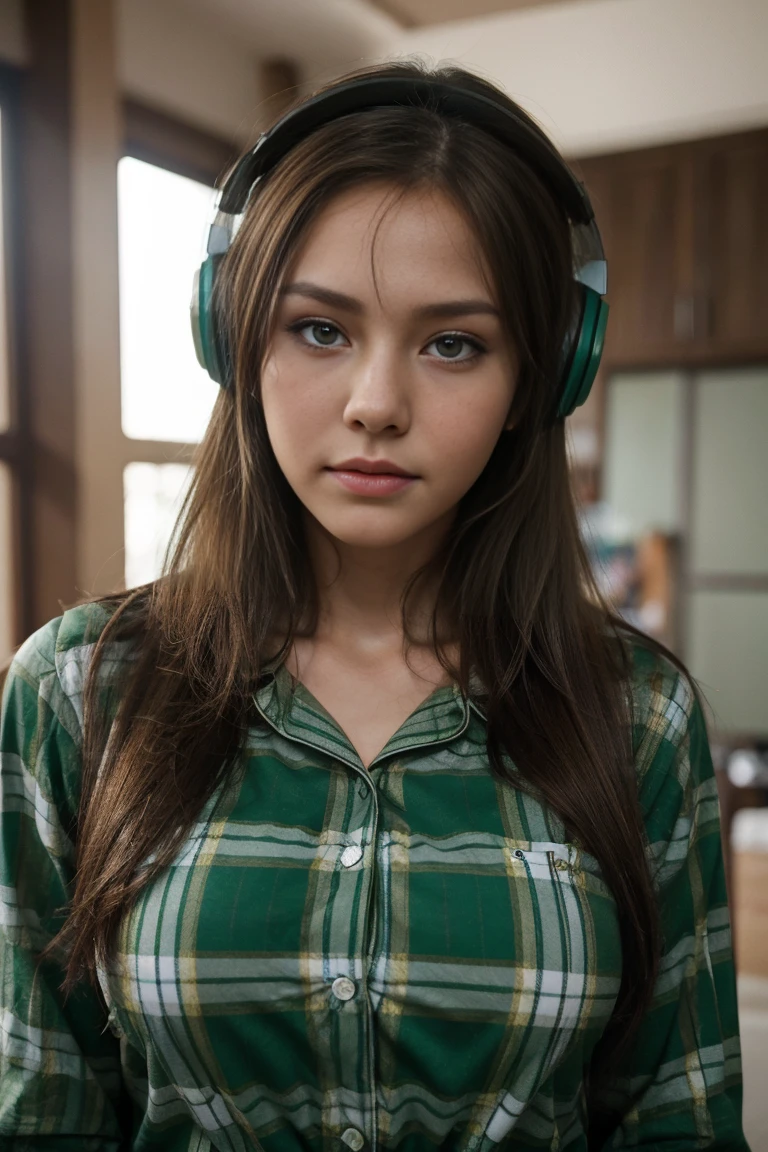 masterpiece, HDR, 4K, 8K, masterpiece, best quality, 1girl, masterpiece, best quality, 1girl, skinny face, brown hair, detailed face+green eyes, medium breasts, closed mouth, looking at viewer, long hair, gamer headphones, plaid pajamas, background: Surabaya, solo, upper body,
INFO