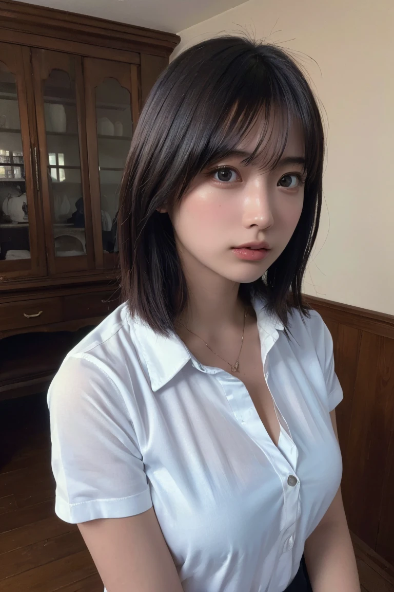 (Highest quality:1.4),(masterpiece:1.4),(Realistic:1.4),(Realistic:1.2),(超High resolution, RAW Photos:1.4),(High resolution, Super detailed:1.2),(8K:1.2),Cinematography,a photo of a dark-haired,One Girl,alone,(White shirt),Big Breasts,((Upper Body:1.3))