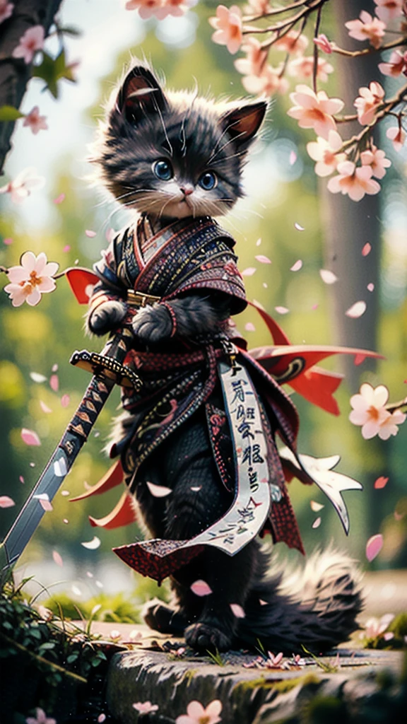 Best quality, masterpiece, ultra high res, raw photo, beautiful and aesthetic,deep shadow, dark theme,(photorealistic:1.4),
White kitten, Hanfu, Chinese calligraphy, chinese clothes, holding weapon, holding sword, sakura,
Graceful poise, evocative atmosphere, magnetic presence, refined seduction, captivating mystique,
Intricate zentangle patterns, a single female figure, astonishing level of detail, generously endowed, striking perspective, a chaotic masterpiece, gracefully poised, vibrant color palette, ((outdoors)), inspired by rococo architecture