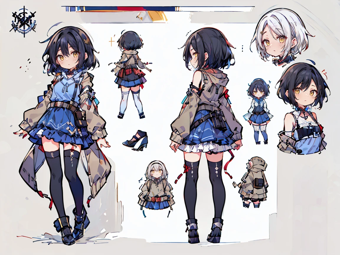 (((three-sided view, front view, side view, back view, multiple views, multiple poses and expressions, many parts)), concept art, character concept art, character sheet, Full body, illustration, (simple background, gray background), 1 character, 1girl, fantasy art:1.1), (hui xiyi:0.7), rekkyo sensen, rekkyou sensen, girls with((black hair, bangs, (one side up, long wavy hair, ribbon:1.55), perfect hands, perfect fingers, (exposed breasts, tits cleavage, breasts close up:1.2), dress((suspenders, dress, belt, nun:1.15), (blue clothes, (frills shirt, khaki hoodies, long sleeves:1.53), no sleeves, sleeveless, frills dress, frills skirt, wind blowing dress, long sleeves, (white legwear:1.55), thighhighs, single thighhighs, single legwear, black footwear, strap shoes:1.42))