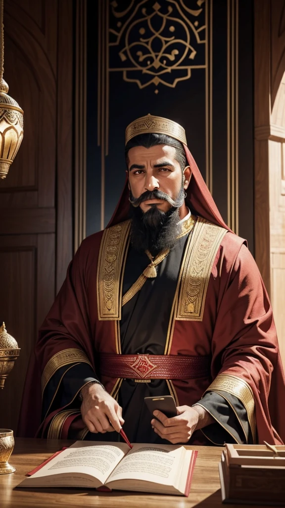 An illustration of Kheireddine Pacha, a male historical figure from Tunisia, with a strong jawline, light to medium complexion, deep-set dark eyes, a prominent nose, and a short well-groomed beard and mustache. He wears a traditional (((red chechia))) and Grand Vizier robes, seated at a modern desk deeply focused on coding on a computer, the background is a blending of traditional Tunisian decor with contemporary office elements.