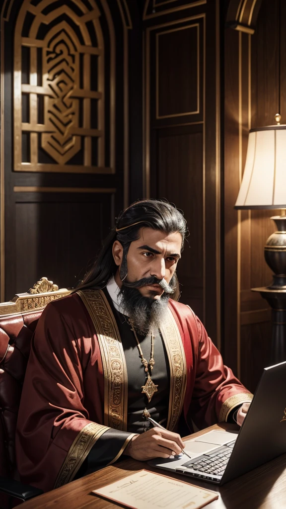 An illustration of Kheireddine Pacha, a male historical figure from Tunisia, with a strong jawline, light to medium complexion, deep-set dark eyes, a prominent nose, and a short well-groomed beard and mustache. He wears a traditional (((red chechia))) and Grand Vizier robes, seated at a modern desk deeply focused on coding on a computer, the background is a blending of traditional Tunisian decor with contemporary office elements.