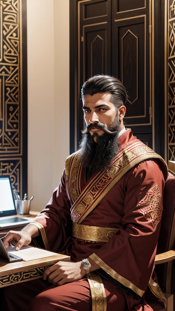 An illustration of Kheireddine Pacha, a male historical figure from Tunisia, with a strong jawline, light to medium complexion, deep-set dark eyes, a prominent nose, and a short well-groomed beard and mustache. He wears a traditional (((red chechia))) and Grand Vizier robes, seated at a modern desk deeply focused on coding on a computer, the background is a blending of traditional Tunisian decor with contemporary office elements.