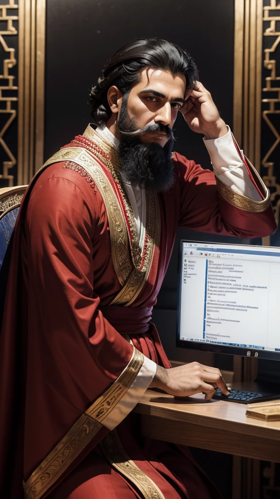 An illustration of Kheireddine Pacha, a male historical figure from Tunisia, with a strong jawline, light to medium complexion, deep-set dark eyes, a prominent nose, and a short well-groomed beard and mustache. He wears a traditional (((red chechia))) and Grand Vizier robes, seated at a modern desk deeply focused on coding on a computer, the background is a blending of traditional Tunisian decor with contemporary office elements.