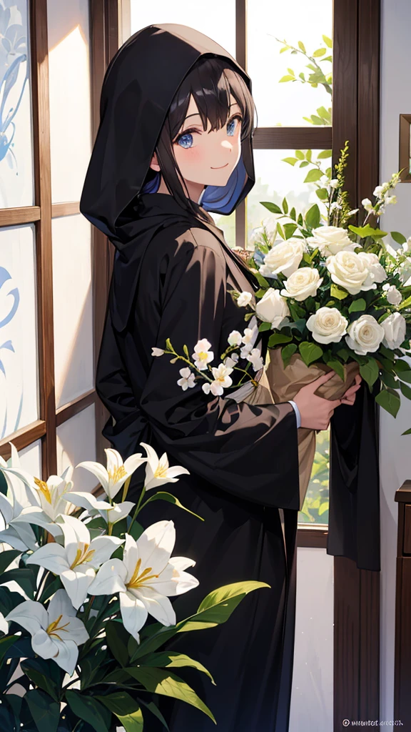 a giant milk young black monk with fresh flowers by the window and looking back and smiling at the camera's eyes