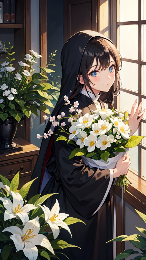 a giant milk young black monk with fresh flowers by the window and looking back and smiling at the camera's eyes