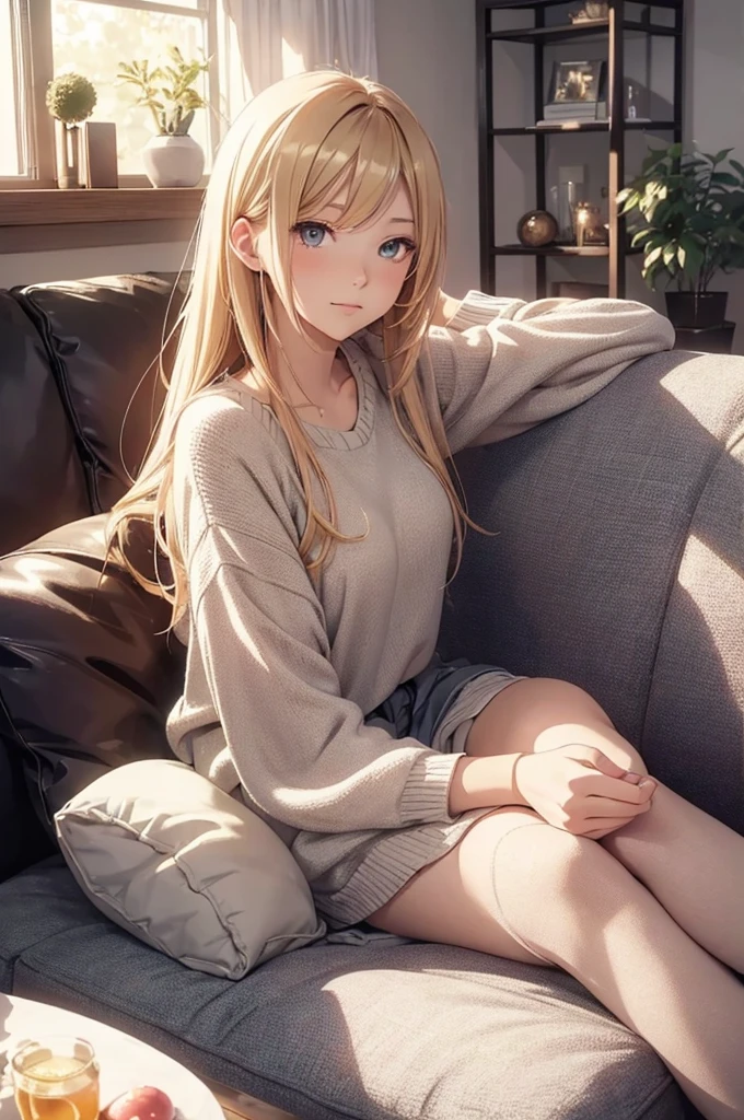 beautiful young woman, anime style, detailed face, wearing casual clothes, sitting on a sofa, relaxed expression, cozy living room, warm afternoon light, detailed background with living room elements, high detail, 8k resolution, cinematic lighting, best quality, gentle shadows, pastel color palette, Instagrammable, cute and relaxed, aesthetic, warm and inviting atmosphere