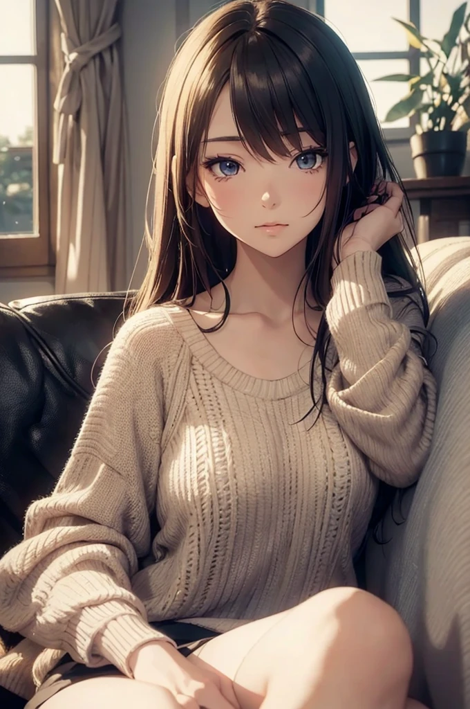 beautiful young woman, anime style, detailed face, wearing casual clothes, sitting on a sofa, relaxed expression, cozy living room, warm afternoon light, detailed background with living room elements, high detail, 8k resolution, cinematic lighting, best quality, gentle shadows, pastel color palette, Instagrammable, cute and relaxed, aesthetic, warm and inviting atmosphere