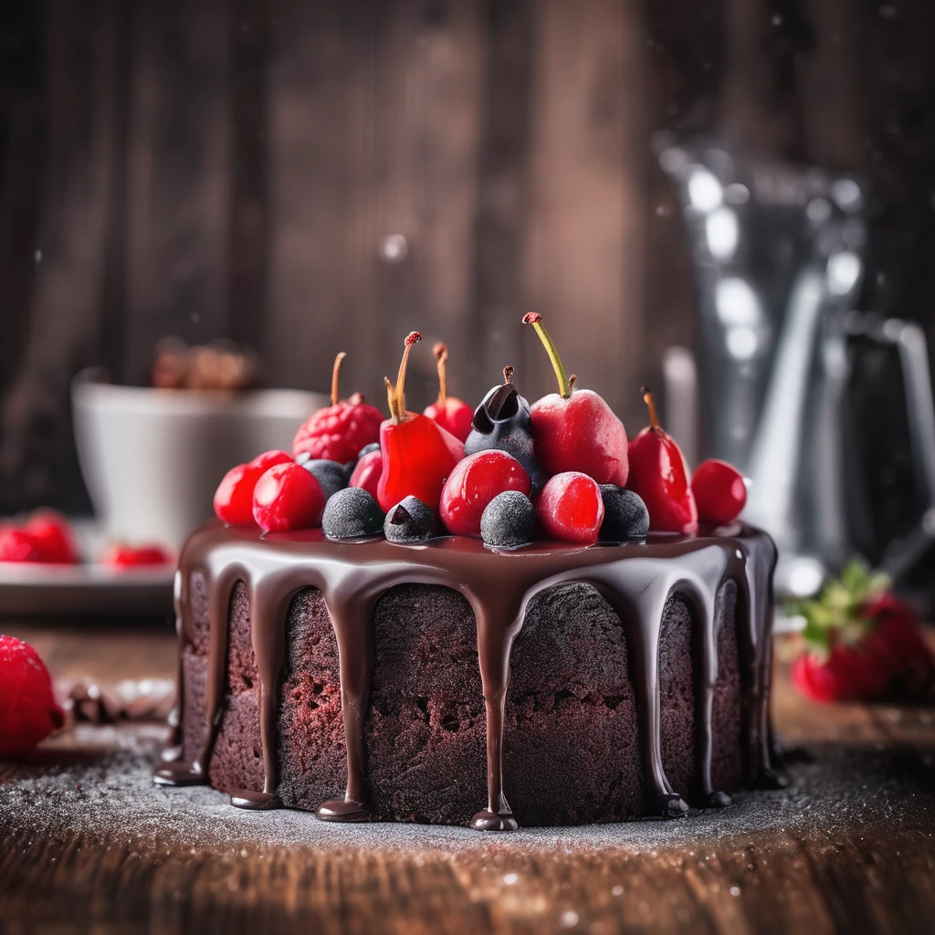 A delicious chocolate cake with icing dripping down on top of the cake, Topped with sugared red fruit, Detailed texture on a wooden table, delicious, warm, Promotional photo, Intricate details, High resolution, Adobe Lightroom, Very detailed