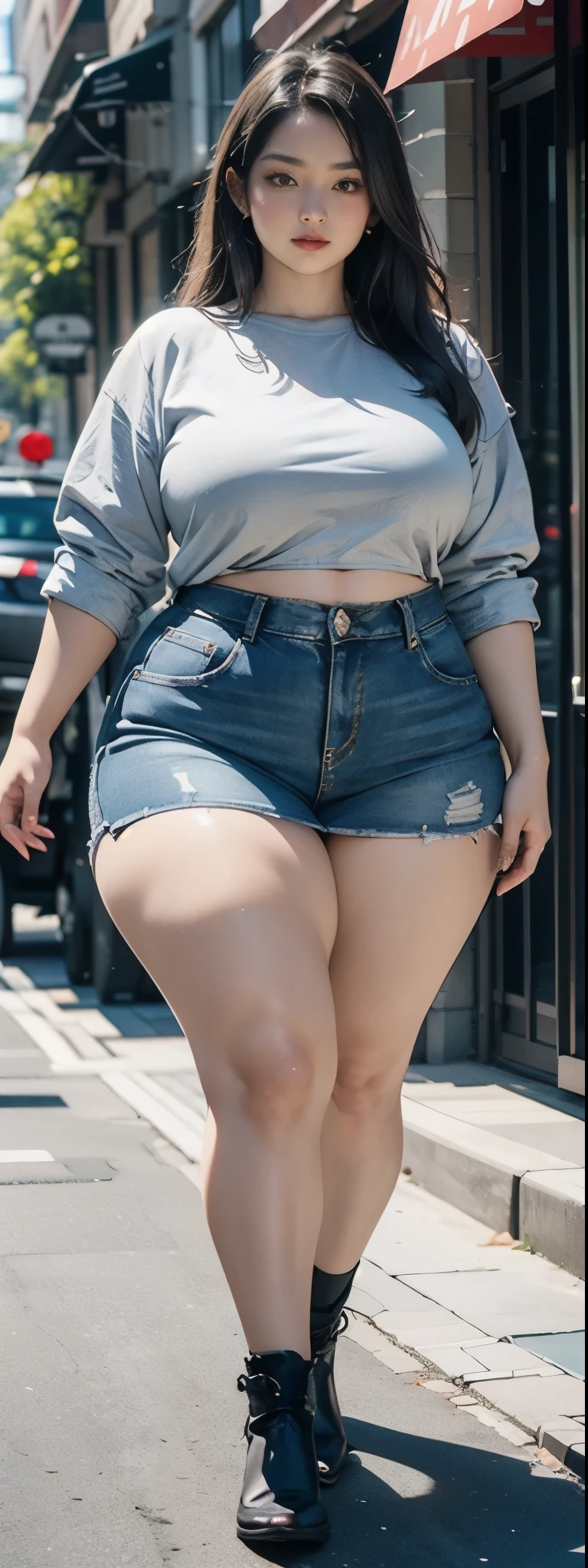 ((best quality)), ((masterpiece)), (detailed), malay woman, perfect face, araffe woman in a dark-blue shirt and blue denim skirt walking down a street, thicc, she has a jiggly fat round belly, bbwchan, wearing tight simple clothes, skinny waist and thick hips, widest hips, her belly is fat and round, soft curvy shape, hyperrealistic full figure, wearing a cute top, wide hips