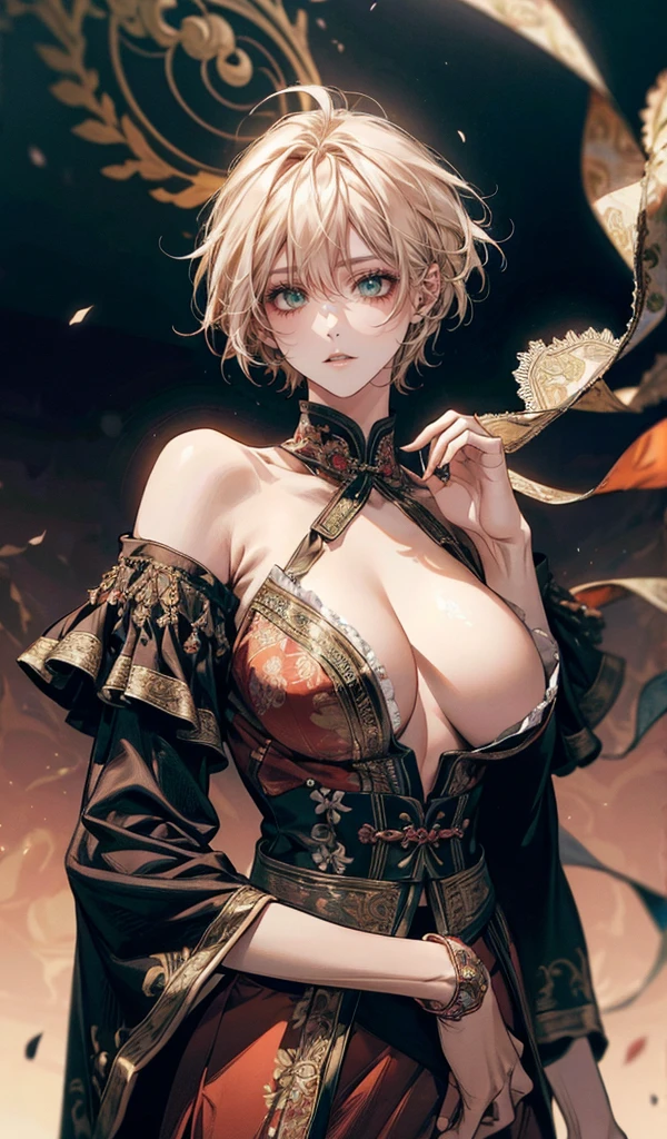 Please follow all prompts below exactly and faithfully. This is a breathtaking masterpiece of digital illustration, with maximum resolution, UHD, 512K, 2160p, 10 million ppi, 300 million dpi, natural color tones, ultra sharp details, perfect outlines with contrast, **most realistic skin and hair textures**, most beautiful detailed eye features, perfect anatomically correct human body, beautiful background with depth, rule of thirds, depth of field, Maximize all element is used to its full potential to create the best digital illustrations, A very sexy and elegant woman with a perfect body style, a beautiful sharp face, slim figure, gravity-defying large breasts, beautiful green eyes, (shiny blonde shaggy cut short hair covering one eye), glossy, sensual, Chinese dance costume with vibrant colors and intricate patterns, featuring a flared skirt, embroidered peony designs, copper accents, long organza sleeves, traditional wave motifs, elegant draping, colorful sashes, ornate headpiece, delicate lace, shimmering sequins, layered textures, and graceful silhouette.