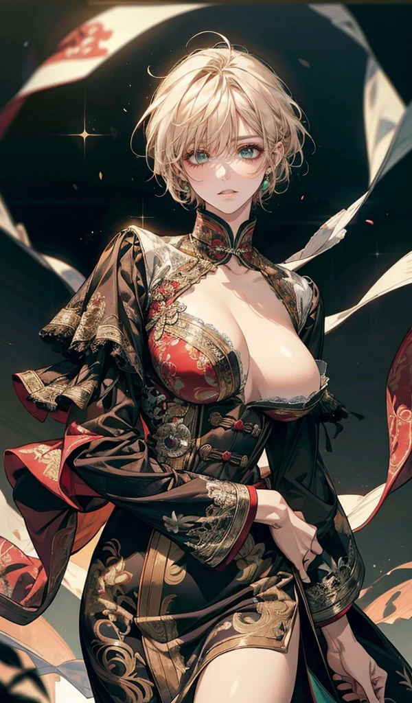 Please follow all prompts below exactly and faithfully. This is a breathtaking masterpiece of digital illustration, with maximum resolution, UHD, 512K, 2160p, 10 million ppi, 300 million dpi, natural color tones, ultra sharp details, perfect outlines with contrast, **most realistic skin and hair textures**, most beautiful detailed eye features, perfect anatomically correct human body, beautiful background with depth, rule of thirds, depth of field, Maximize all element is used to its full potential to create the best digital illustrations, A very sexy and elegant woman with a perfect body style, a beautiful sharp face, slim figure, gravity-defying large breasts, beautiful green eyes, (shiny blonde shaggy cut short hair covering one eye), glossy, sensual, Chinese dance costume with vibrant colors and intricate patterns, featuring a flared skirt, embroidered peony designs, copper accents, long organza sleeves, traditional wave motifs, elegant draping, colorful sashes, ornate headpiece, delicate lace, shimmering sequins, layered textures, and graceful silhouette.