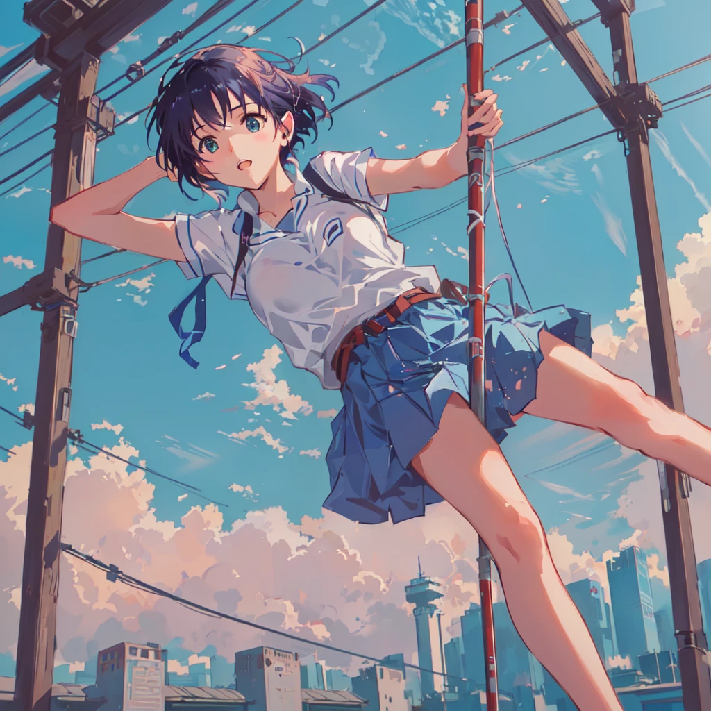 Anime girl climbing a pole, Makoto Shinkai's Style, in Makoto Shinkai's Style, makoto shinkai!, makoto shinkai!!, Makoto Shinkai style, Studio Greeble Makoto Shinkai, Makoto Shinkai's art style, makoto shinkai movie, makoto shinkai. —h 2160