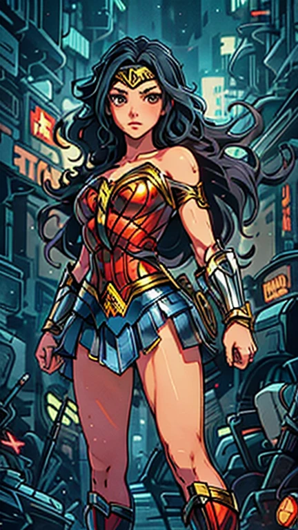 best quality,masterpiece,1girl,solo,(((13years old))),japanese girl,an extremely cute and handsome girl,highly detailed beautiful face and eyes,petit,cute face,lovely face,baby face,shy smile,show teeth, Black hair,Long hair,flat chest,skinny,slender,(((wearing a Wonder Woman costume))),(((standing in Dark Midnight Neon Glow light Cyberpunk Gotham City))),he is looking at the viewer,