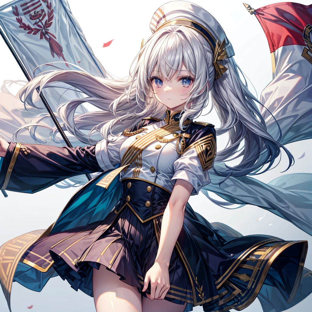 A beautiful girl skillfully manipulates the marching band flags、White background、Dynamic Flag Background、