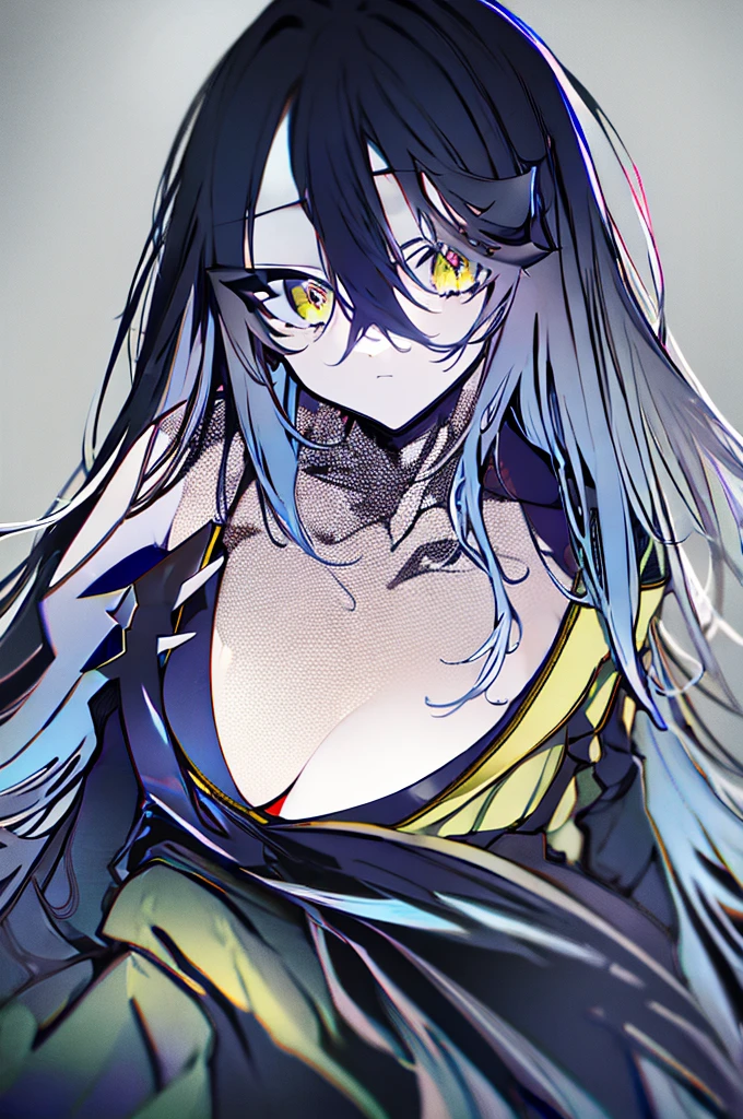 ((pixiv)),(Color Field),(Fantasy),(masterpiece_portrait),only 1 girls,Cool Beauty,expressionless,curvy,large breasts,sharp face,Dark hair,long hair,hair between eyes,spiked hair,half-closed eyes,blue eyes,Closed mouth,devil Horns,reaching out,cowboy shot,standing,dark Dress,Golden Artefact,Golden Accessory,ninja,choker,Bulgaria