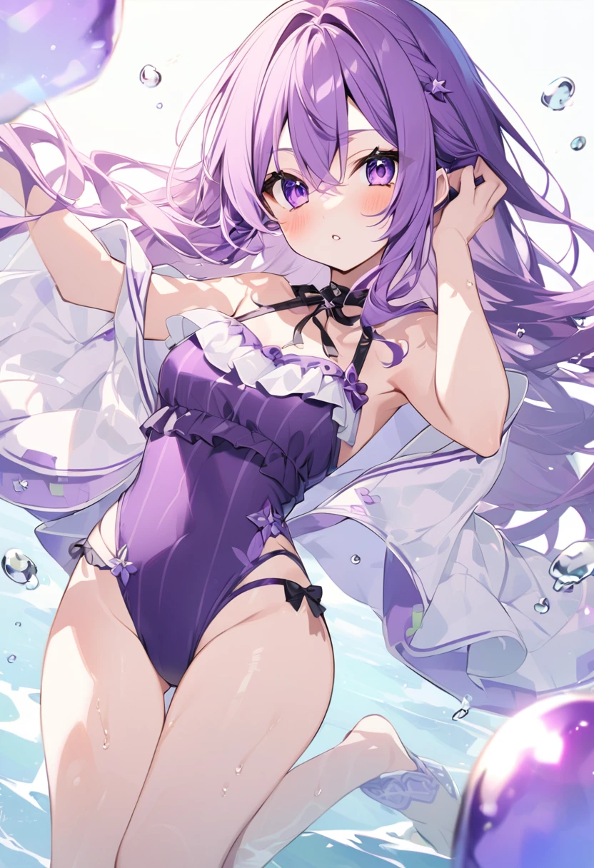 Keito。Purple Eyeurasaki hair。Purple Swimsuit