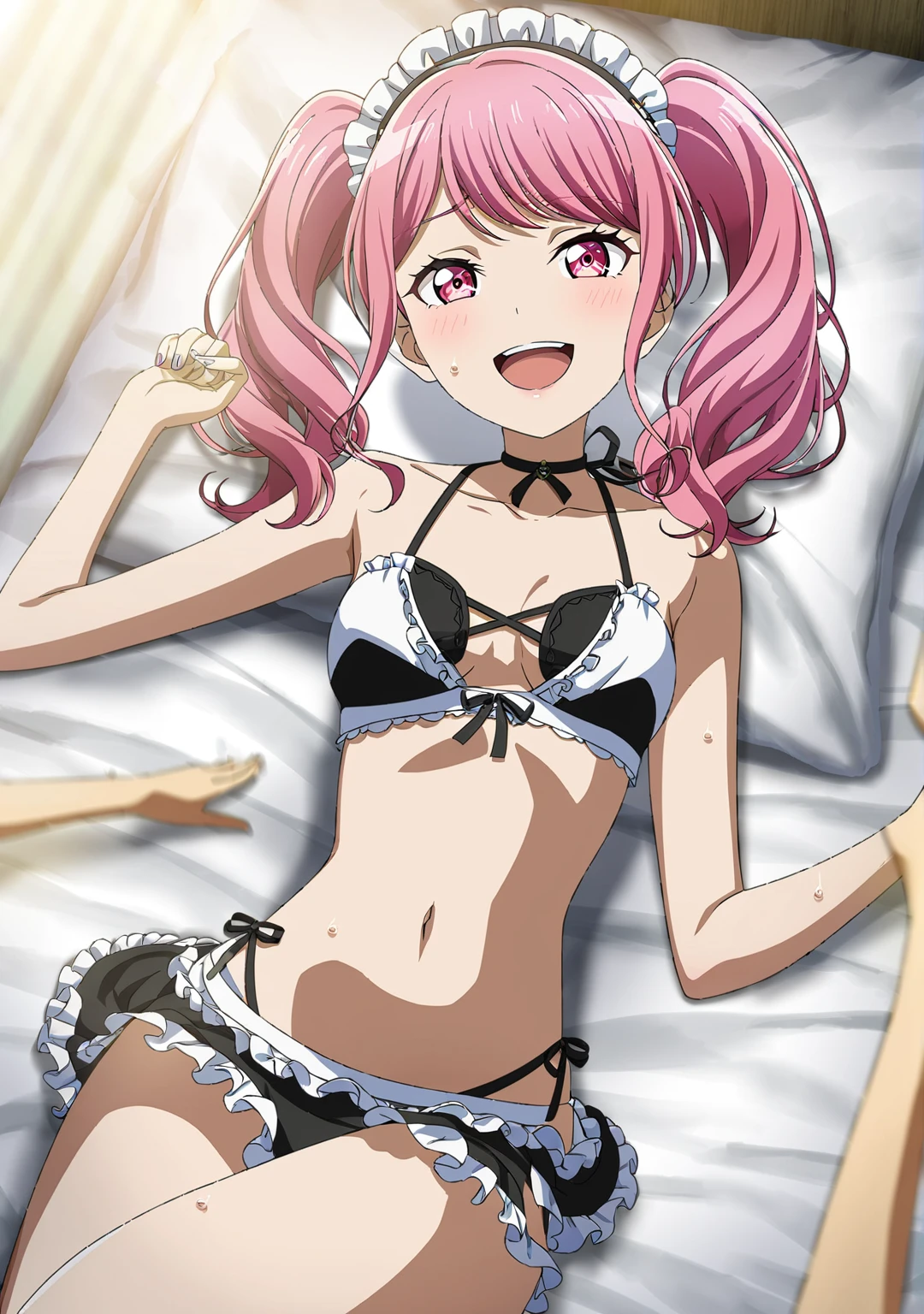 1girl,maruyama aya,{{bang dream!}},{{official art}}, highly detailed,best quality, clear lines,small breasts, censored, mosaic censoring, seductive smile, fun,open mouth, solo focus, sweat, looking at viewer, bangs, collarbone, seductive smile, fun,anime visual of a cute girl,anime best girl,bangs, looking at viewer,breasts,official artwork, offcial art, official artwork, high detailed official artwork,looking at viewer, solo focus,maid bikini,maid headdress,high exposure,(navel :1.2),lying,bed,twintails,thighs,pink hair,pink eyes,solo,only maid bikini,(high exposure :1.2),cartoon
