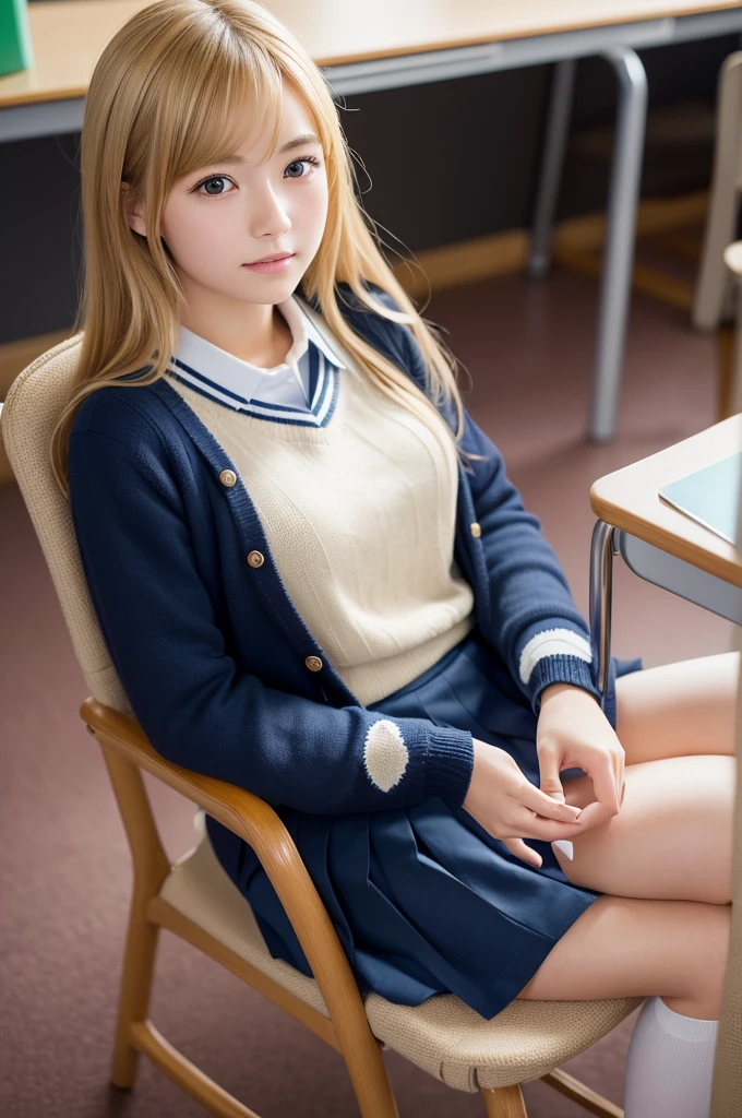 (8k, RAW photo, best quality, masterpiece:1.2), (realistic, photo-realistic:1.4), (extremely detailed 8k wallpaper), pretty Japanese woman, (school uniform studium jumper),in class room, sitting chair, spread legs, blond hair, hands in pocket