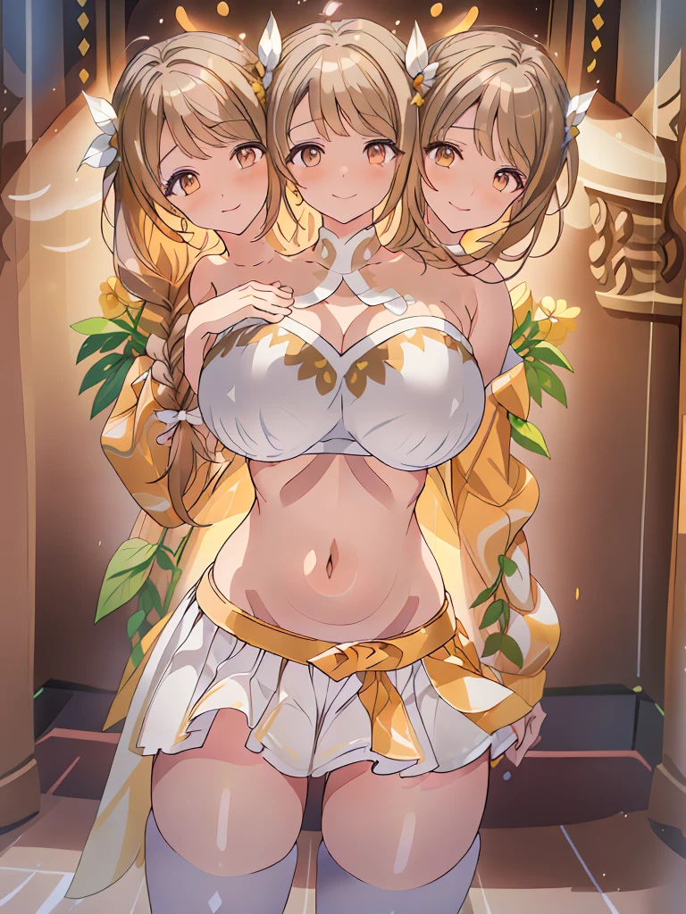 (masterpiece, best quality), best resolution, (3heads:1.5), 1girl, brown hair, long flowing hair, braided hair, smiling, seductive smile, open belly, white-gold crop top, white miniskirt, open breasts, big tits, very huge tits, feather on head, beautiful eyes, alluring presence,