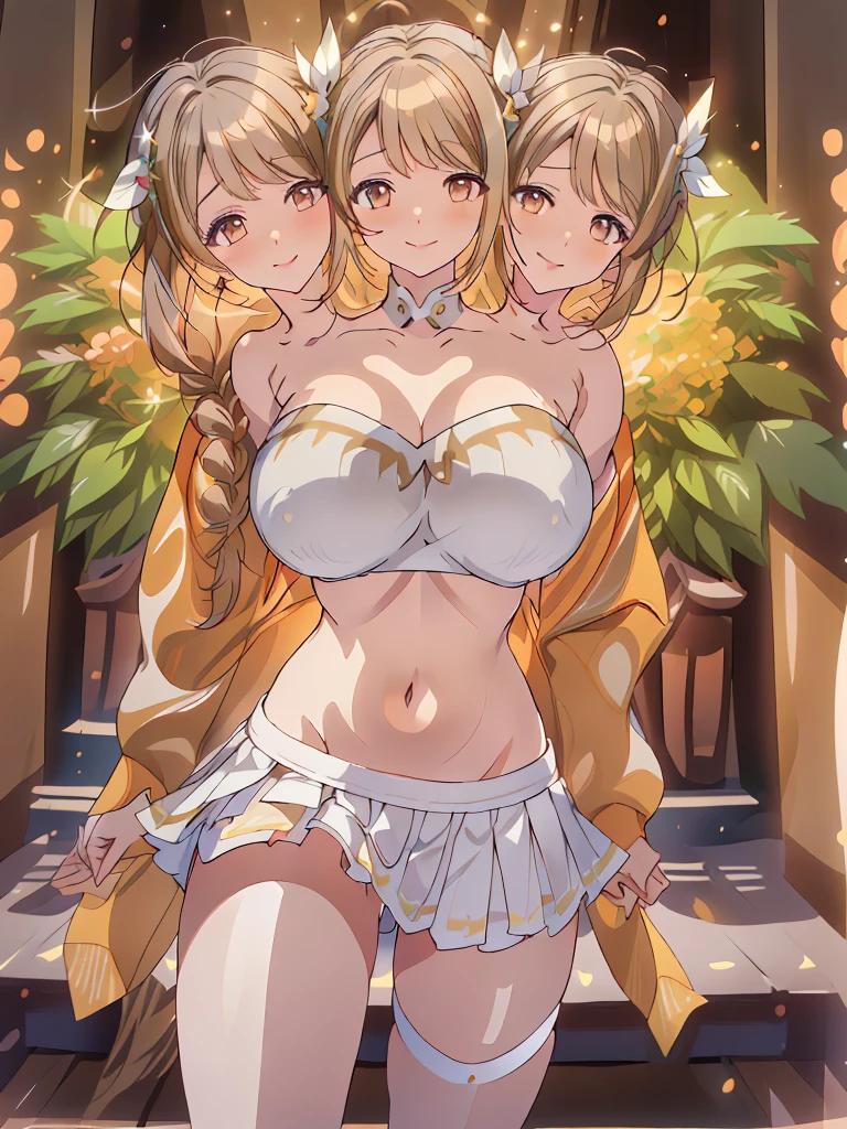 (masterpiece, best quality), best resolution, (3heads:1.5), 1girl, brown hair, long flowing hair, braided hair, smiling, seductive smile, open belly, white-gold crop top, white miniskirt, open breasts, big tits, very huge tits, feather on head, beautiful eyes, alluring presence,