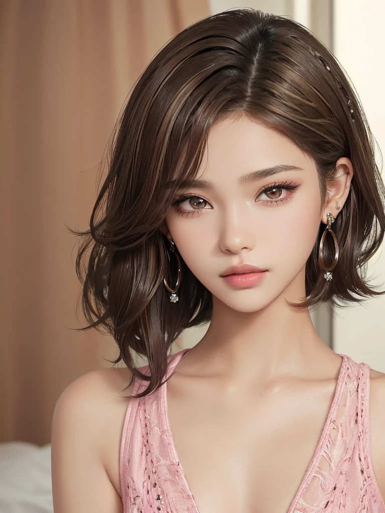 beautiful girl, brown_eyes, ((beautiful slim age girl 18 year old, hair color [Brown highlights hair], [undercut pixie] hair)), earrings, lips, realistic, narrow waist, charming, pink lipstick, colorful makeup, long eyelashes, earrings, wearing eyeliner, fair skin, (cute), (detailed face), detailed eyes, detailed iris