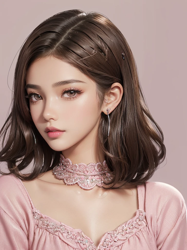 beautiful girl, brown_eyes, ((beautiful slim teenage girl 18 year old, hair color [Brown highlights hair], [undercut pixie] hair)), earrings, lips, realistic, narrow waist, charming, pink lipstick, colorful makeup, long eyelashes, earrings, wearing eyeliner, fair skin, (cute), (detailed face), detailed eyes, detailed iris