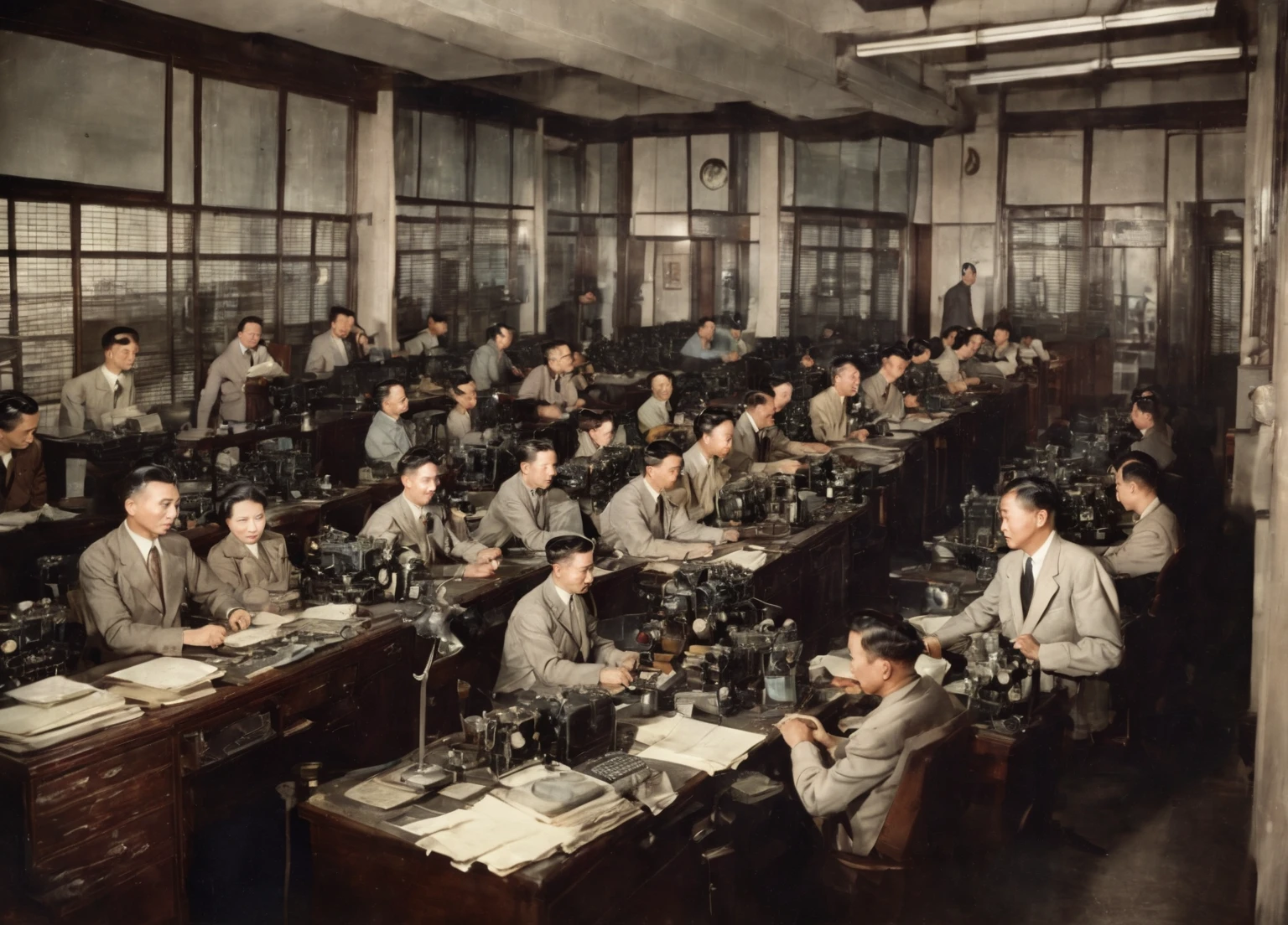 In 1949，China，Shanghai，Radio Station Office，Dim light，（The desk is filled with telegraph machines：1.5）。Several employees are working hard，One of the middle-aged men，30 years old，Wearing an old-style Zhongshan suit，The expression is firm，We are discussing with employees how to respond to the government&#39;s orders，（（They were surrounded by radio equipment.）），In the background you can see some circuit diagrams on the wall。high detail, cinematic lighting, film grain, god rays, anatomically correct, high quality