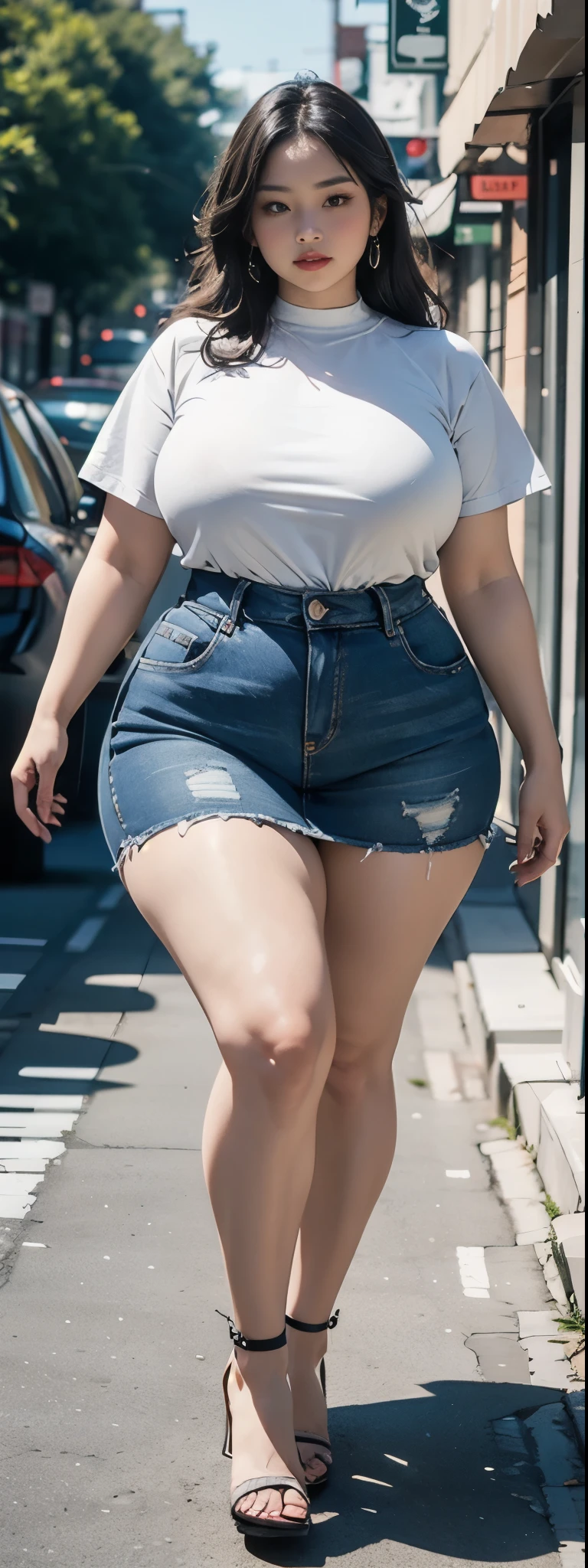 ((best quality)), ((masterpiece)), (detailed), malay woman, perfect face, araffe woman in a dark-blue shirt and blue denim skirt walking down a street, thicc, she has a jiggly fat round belly, bbwchan, wearing tight simple clothes, skinny waist and thick hips, widest hips, her belly is fat and round, soft curvy shape, hyperrealistic full figure, wearing a cute top, wide hips