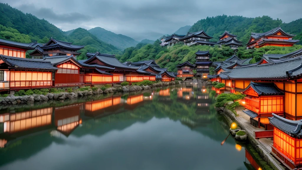 arafed view of a village with a lot of lights on the buildings, dreamy japan town, amazing wallpaper, japanese town, japanese village, hyper realistic photo of a town, old asian village, japanese city, by Raymond Han, rainy evening, japan ancient castle, beautifully lit buildings, at evening , beautiful and aesthetic, photography, cinematic, 8k, high detailed ((contras photography)))