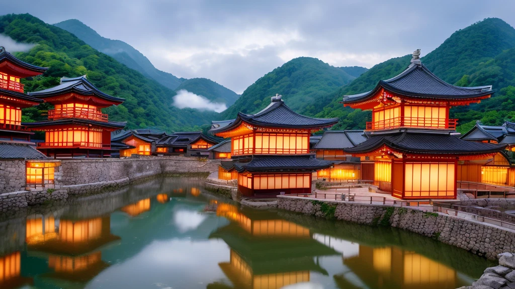 arafed view of a village with a lot of lights on the buildings, dreamy japan town, amazing wallpaper, japanese town, japanese village, hyper realistic photo of a town, old asian village, japanese city, by Raymond Han, rainy evening, japan ancient castle, beautifully lit buildings, at evening , beautiful and aesthetic, photography, cinematic, 8k, high detailed ((contras photography)))