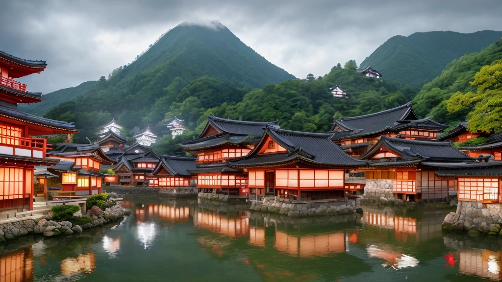 arafed view of a village with a lot of lights on the buildings, dreamy japan town, amazing wallpaper, japanese town, japanese village, hyper realistic photo of a town, old asian village, japanese city, by Raymond Han, rainy evening, japan ancient castle, beautifully lit buildings, at evening , beautiful and aesthetic, photography, cinematic, 8k, high detailed ((contras photography)))
