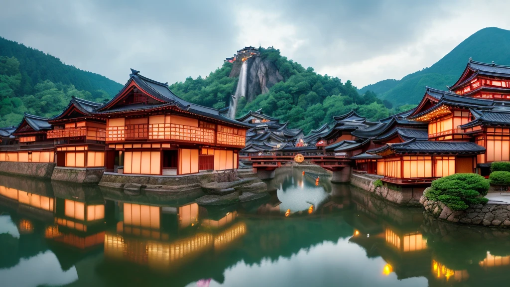 arafed view of a village with a lot of lights on the buildings, dreamy japan town, amazing wallpaper, japanese town, japanese village, hyper realistic photo of a town, old asian village, japanese city, by Raymond Han, rainy evening, japan ancient castle, beautifully lit buildings, at evening , beautiful and aesthetic, photography, cinematic, 8k, high detailed ((contras photography)))