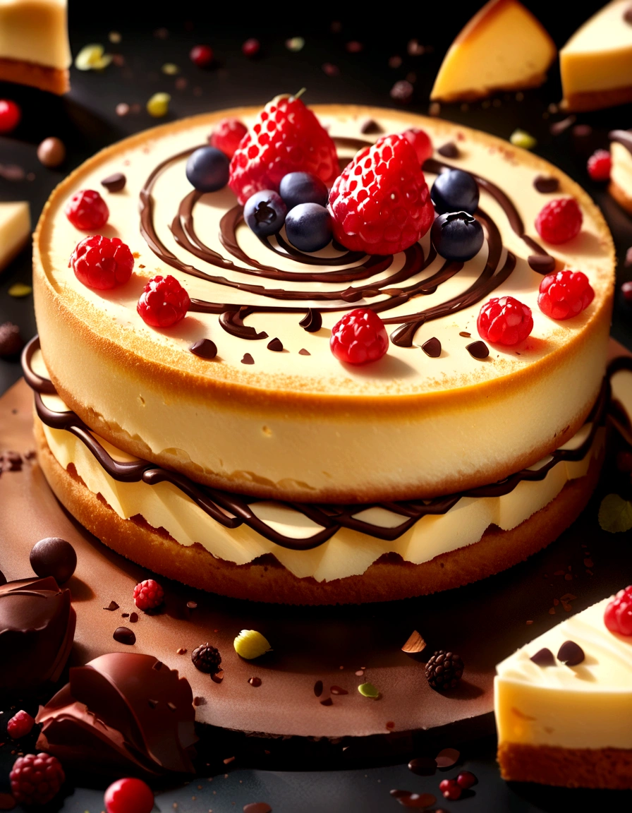 Cheesecake art with berries and falling chocolate on a black background sprinkled with cocoa powder, Trending on Art Station, Sharp focus, Dynamic Studio Photography Lighting, Realistic Food Pictures, Trending Food Photography, Dynamic configuration, Intricate details of dynamic angles, Very detailed, By Gregg Rutkowski