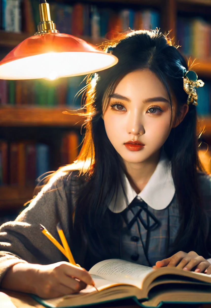 Beautiful detailed asian school girls reading books in the library, beautiful detailed eyes, beautiful detailed lips, extremely detailed eyes and face, long eyelashes, , sitting at desks, warm lighting, photorealistic, 8k, hyperrealistic, masterpiece, intricate details, cinematic lighting, dramatic shadows, rich colors, vibrant colors