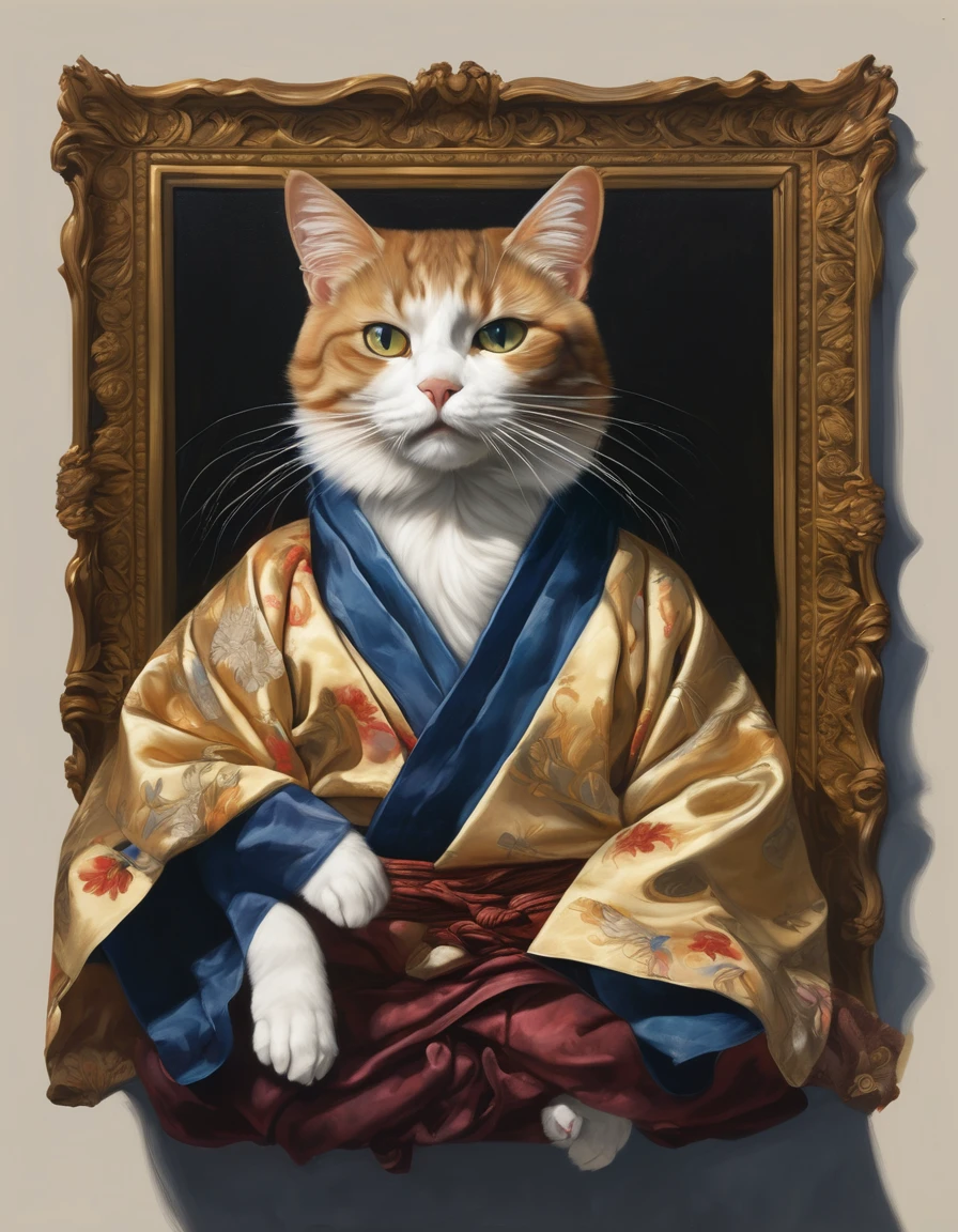 A cat is sitting in a kimono, in the style of renaissance - inspired chiaroscuro, hyper - realistic portraiture, nicolas mignard, old master influenced fantasy, portraitures with hidden meanings, dom qwek, art of burma
