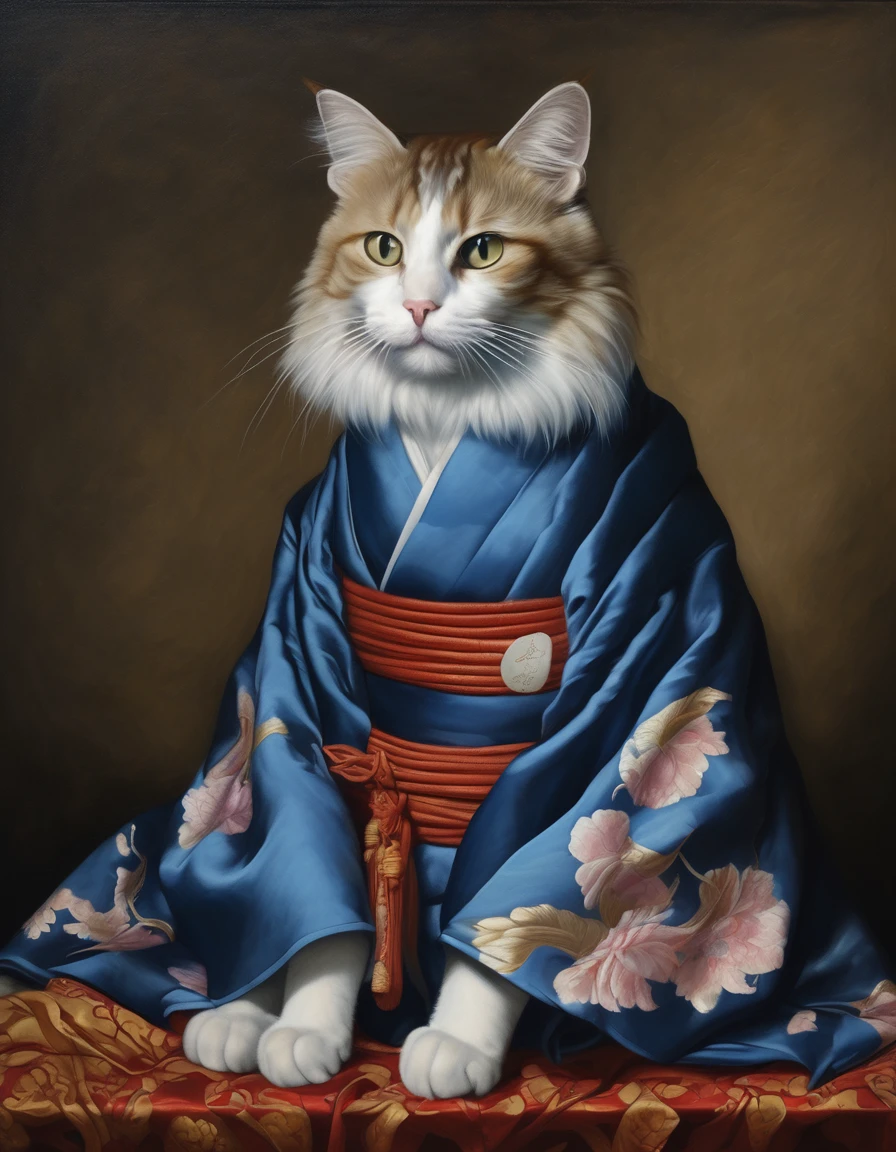 A cat is sitting in a kimono, in the style of renaissance - inspired chiaroscuro, hyper - realistic portraiture, nicolas mignard, old master influenced fantasy, portraitures with hidden meanings, dom qwek, art of burma