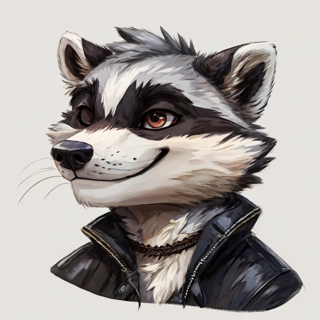 headshot of a grey fur anthropomorphic raccoon, closed smile, dressed with a black with white laces jacket, high quality furry art, high quality fursona ref.