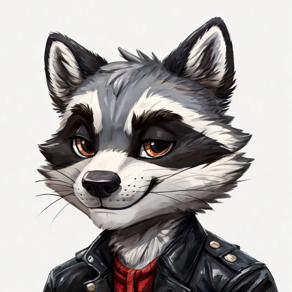 headshot of a grey fur anthropomorphic raccoon, closed smile, dressed with a black with white laces jacket, high quality furry art, high quality fursona ref.